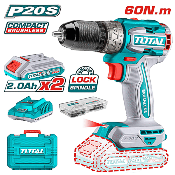 Total Compact Brushless Cordless Drill 20v 60nm   2 Batteries